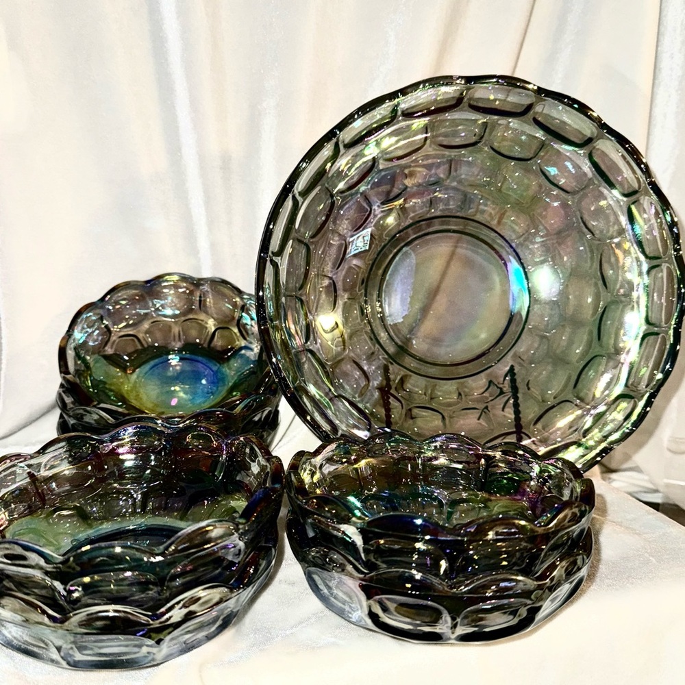 Vintage Federal Glass Sundown Smoke carnival glass bowl set